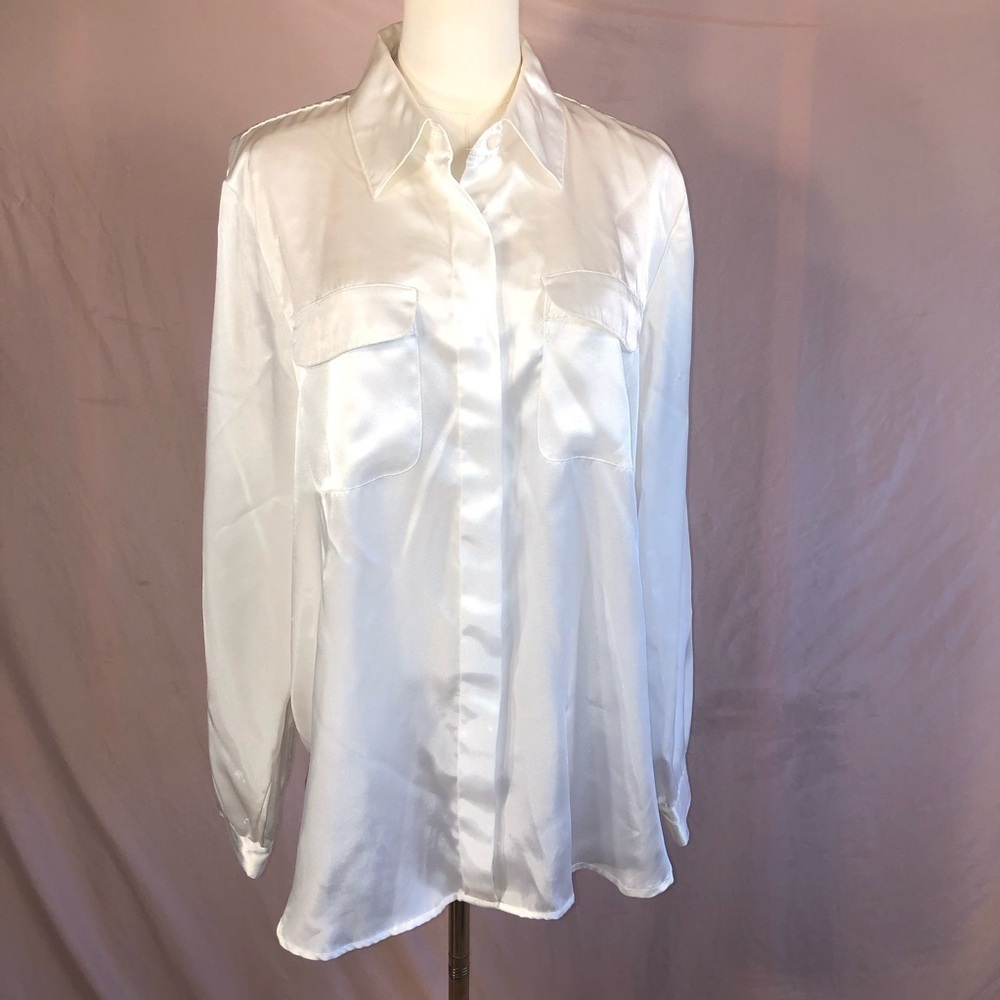 Vintage 80’s Satin Feel White Button-Up Blouse Size Large